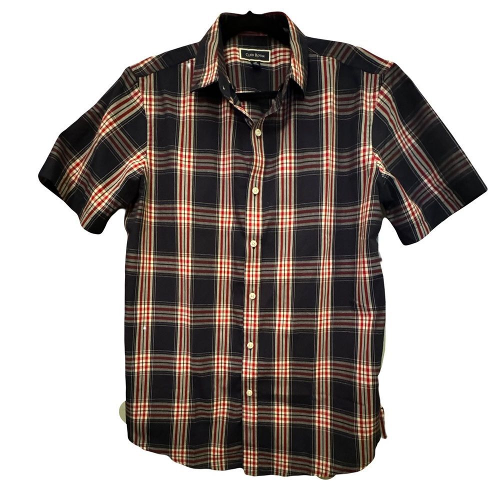 NWOT Club Room Mens Plaid Button Up Shirt Navy Red White